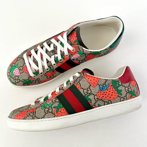 GUCCI || Ace Strawberry GG Supreme Monogram Web Striped Sneakers US 8 EU 38 - Picture 2 of 16